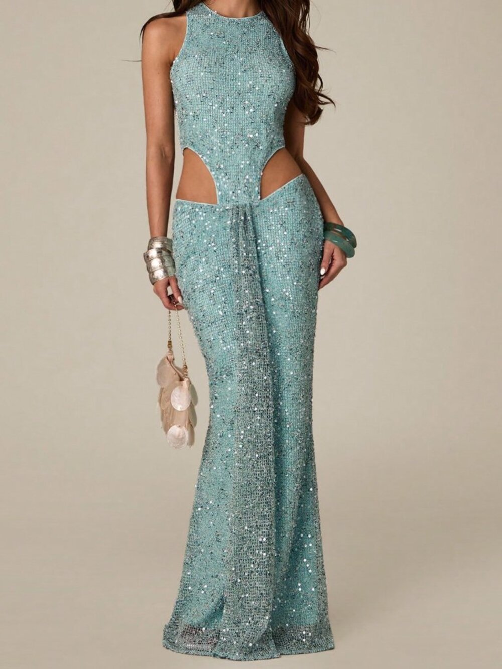 Green Mesh Beaded Women's Summer Flowy Dress with Round Neck